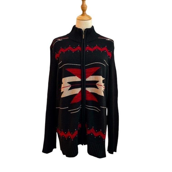 Chaps Denim Aztec Print Black Red Cotton Blend Full Zip Sweater Jacket Size 2X - Picture 1 of 6